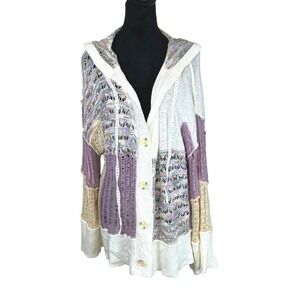 POL V-neck Knit Oversized Hooded Cardigan Sweater Lavender Cream Boho Crochet